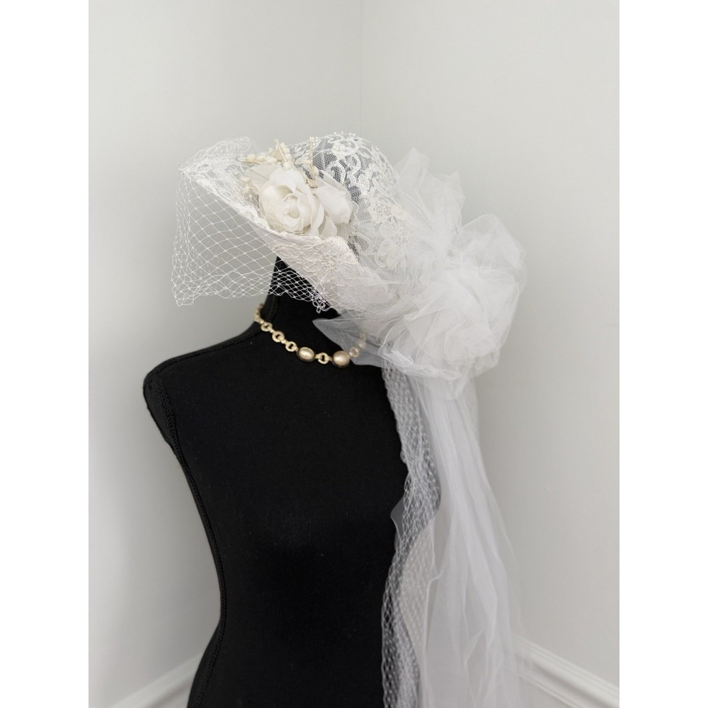 Vintage bohemian Bridal Hat‎ with Veil White Lace Net Wedding Church 60" long